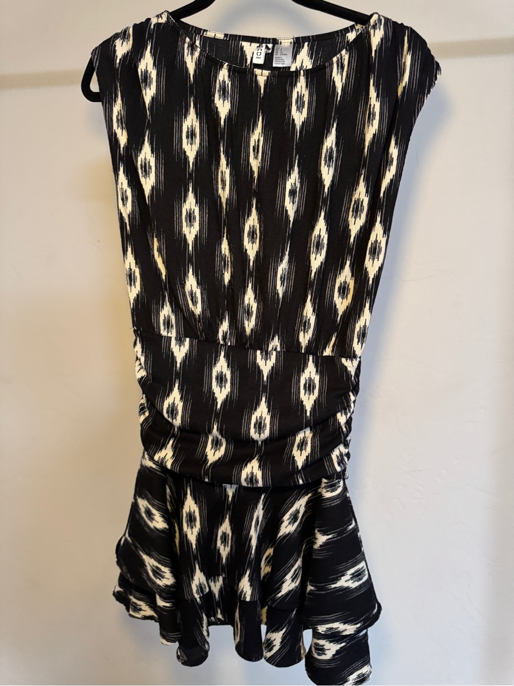 Divided Black and Cream Mini Dress with Ikat Print